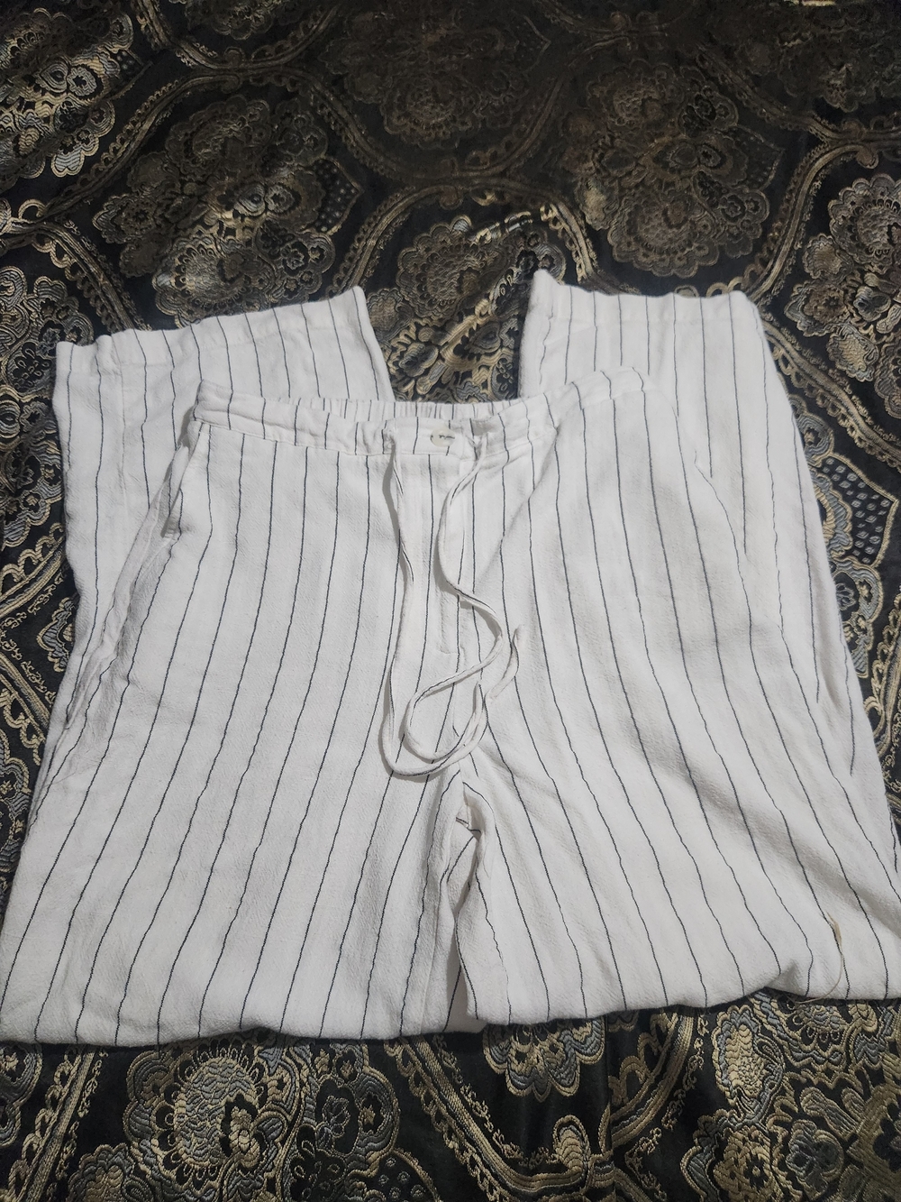 Wide Leg Linen-Blend Stripe Pants - White with Black Pinstripes